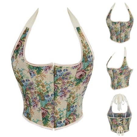 BiZtdJrK Womens Halter Corset Top Sleeveless Crop Bustier Tops Vintage Floral Corset Bustier Lingerie Tie Back Shapewear Vest Top Today s Lightning Sales Beige S