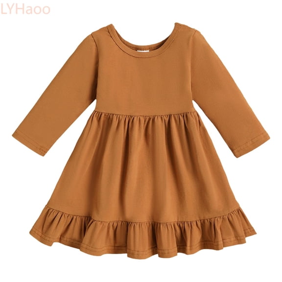 LYHaoo Little Girls Spring And Autumn Solid Color Dress Girls Long Sleeve Round Neck A Line Skirt,Vintage Girls Dress Sizes 6-12 Months Brown