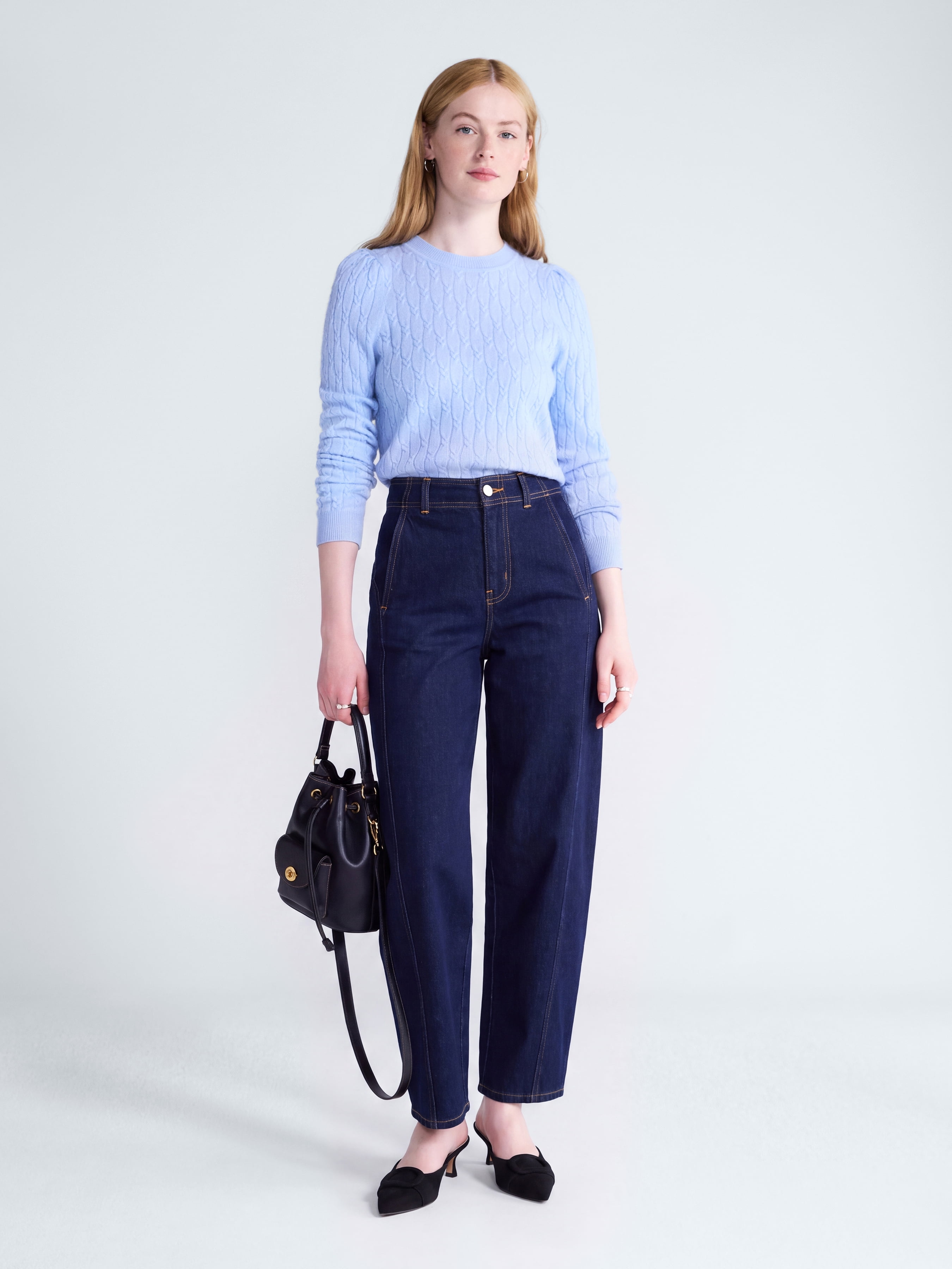 Free Assembly Women's and Women's Plus Cashmere Cable Knit Sweater with Puff Sleeves, Midweight, Sizes XS-4X