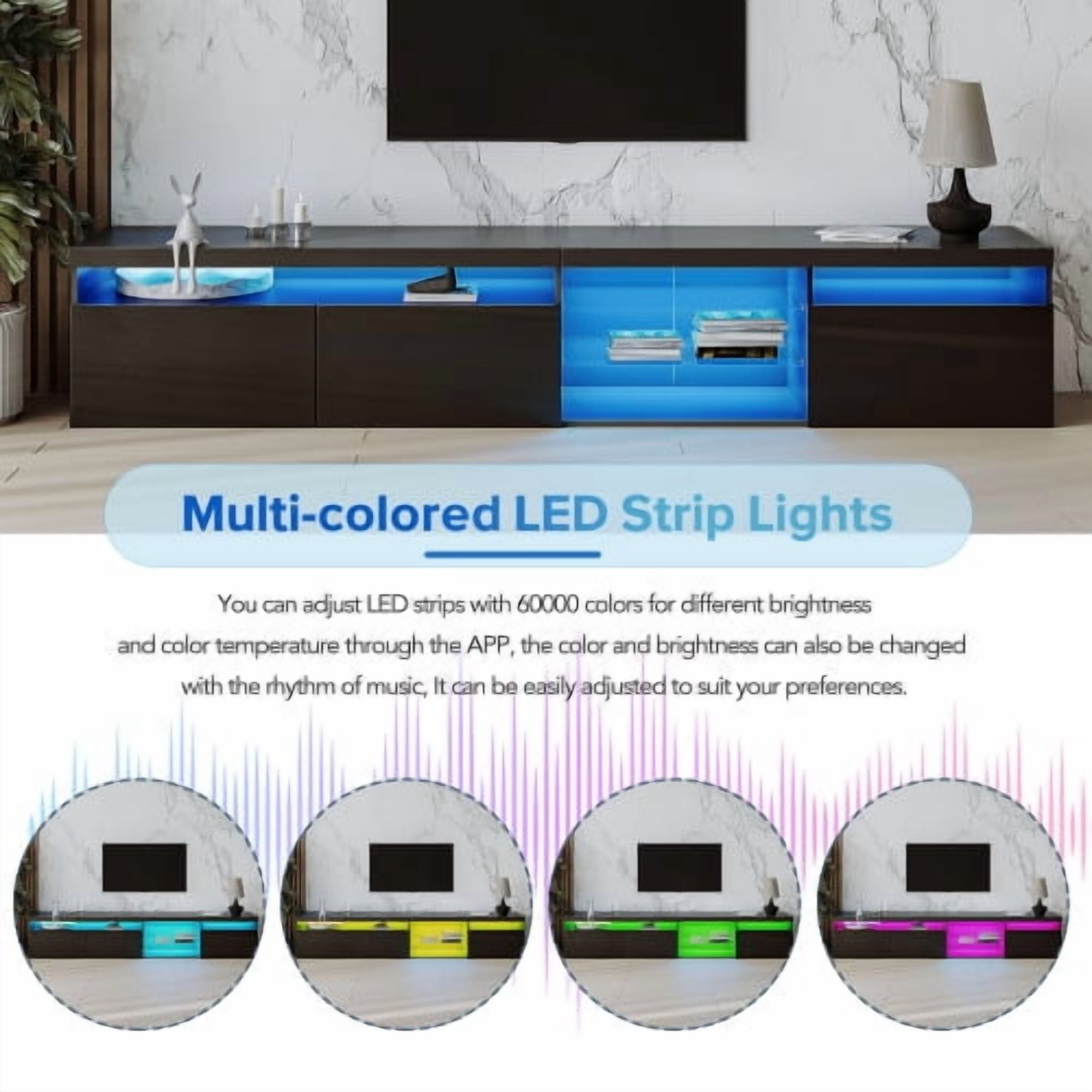 HICOMILA LED TV Stand for 80/90/100 inch TVs, Large Entertainment Center Console Table with 4 Glass Shelves & 2 Storage Cabinets, White