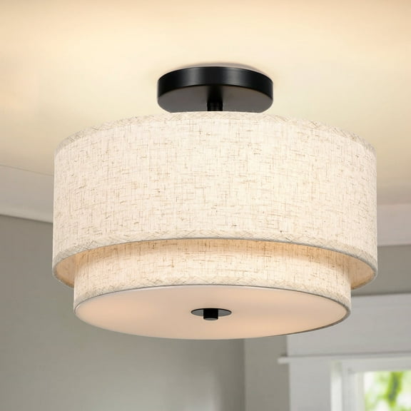 FRIDEKO HOME 12.6inch Semi Flush Mount Ceiling Light, 3-Light Ceiling Light with 2-Layer Linen Fabric Shade, Farmhouse Drum Ceiling Lighting for Bedroom Hallyway Living Room Kitchen(Withou Bulb)