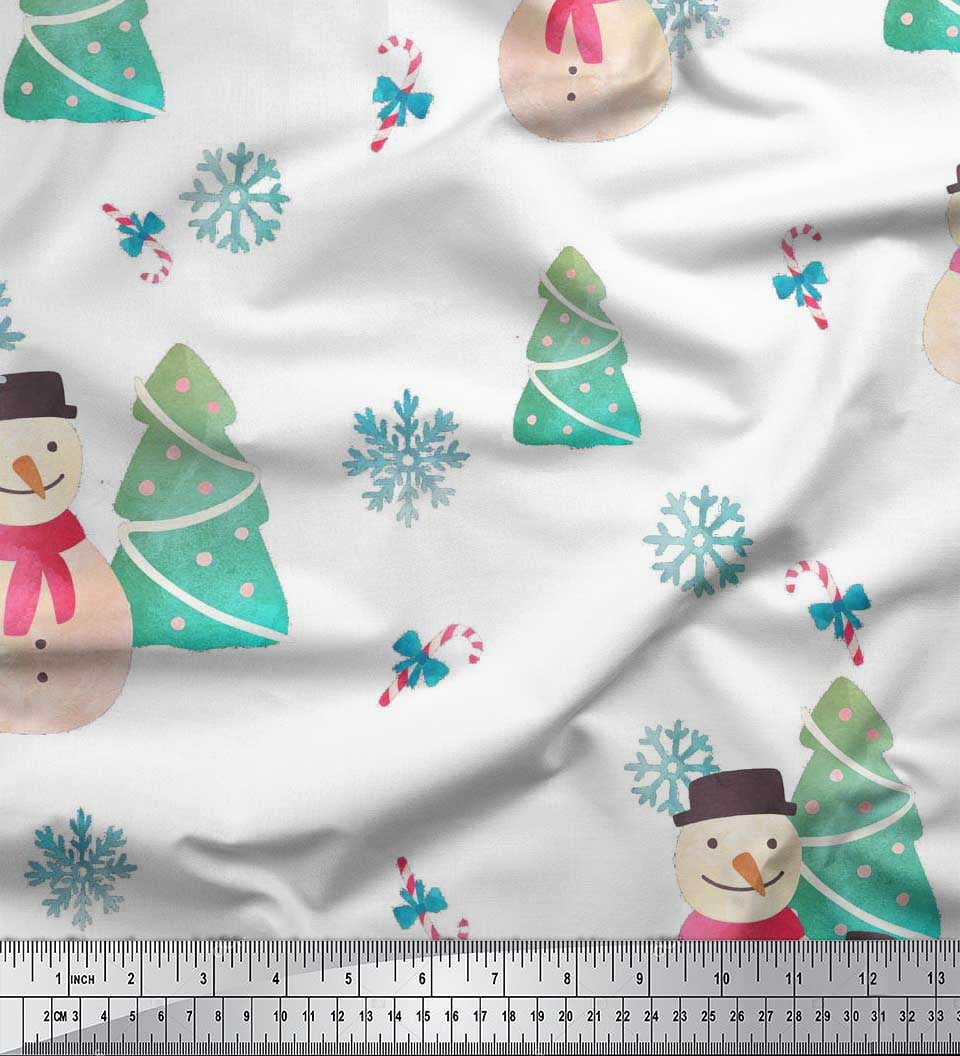 Soimoi White Cotton Jersey Fabric Snowman & Tree Christmas Decor Fabric Printed Yard 58 Inch Wide
