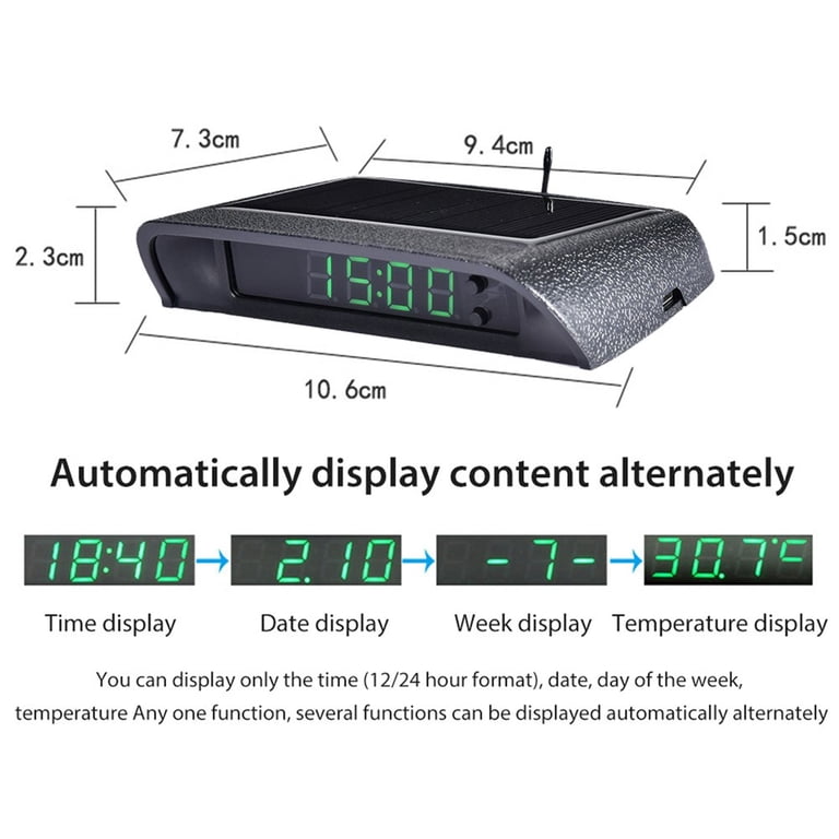 Solar Car Thermometer & Clock - Auto On/Off, Heat Resistant, LED Display With Brightness Control-1138177