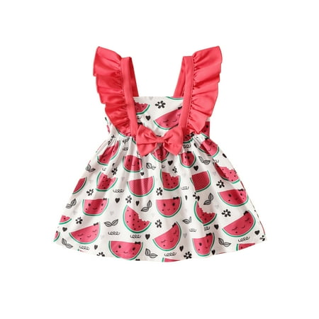 

Calsunbaby Little Toddler Girls Fly Sleeve Dress Fruit Printed Square Collar Bow Ruffle A-line Dress Red Watermelon 3-4 Years