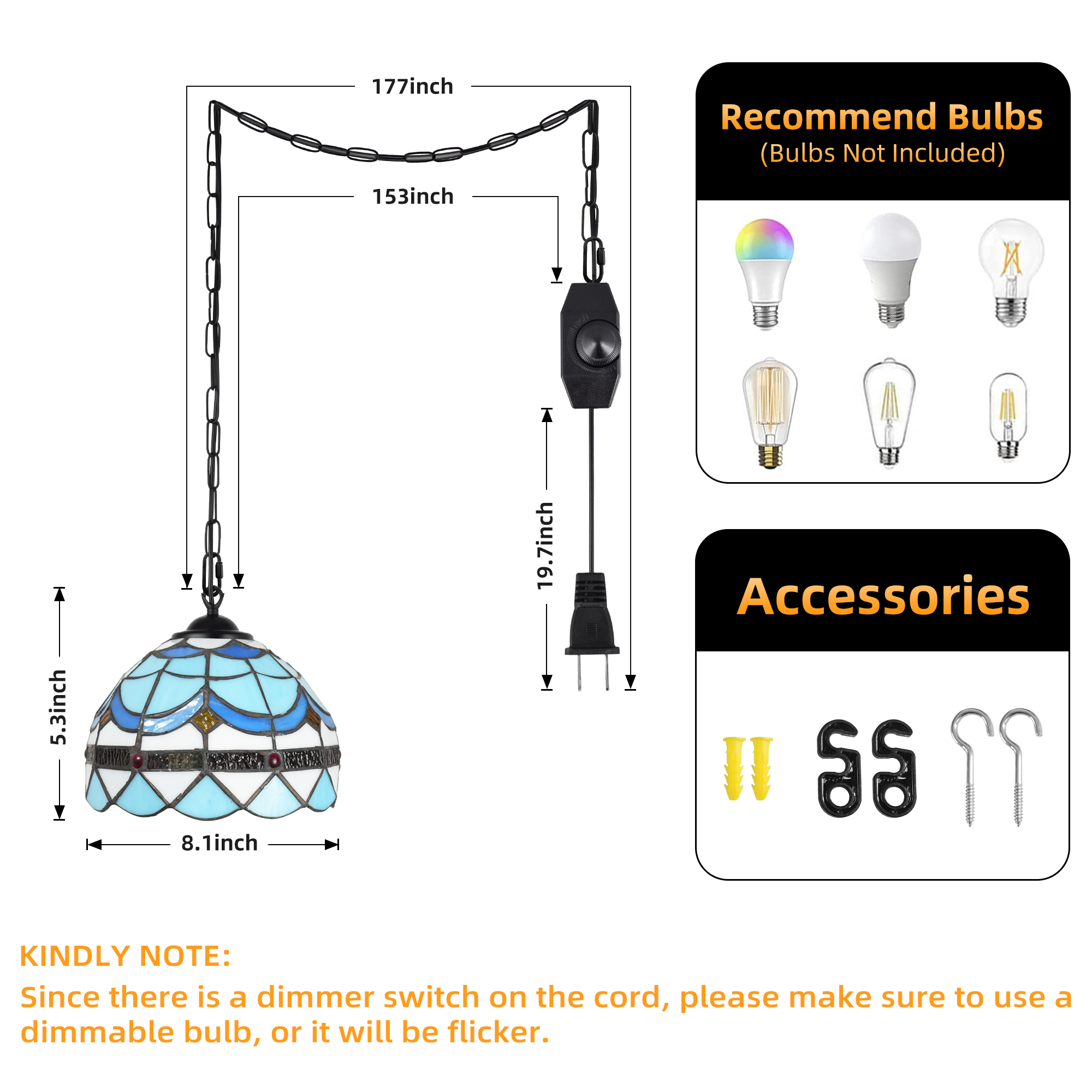 Hlite Tiffany Plug in Pendant Light with Cord,Mini Blue Stained Glass Shade(8.1in),Dimmable Swag Hanging Ceiling Light Fixtures for Loft Staircase,Bulb Not Included