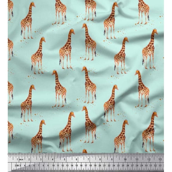 Soimoi Green Poly Georgette Fabric Dot & Giraffe Animal Decor Fabric Printed BTY 42 Inch Wide