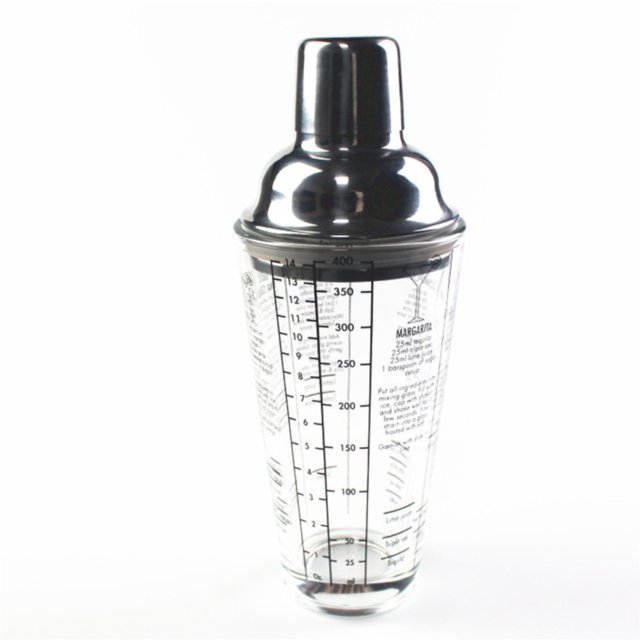 Piwvid 400mlGlass Cocktail Shaker, Stainless Steel Top, Transparent Design, Mixer Drink Shaker and Measuring Jigger & Mixing Spoon Set, Clear Bar Shaker with Measurements