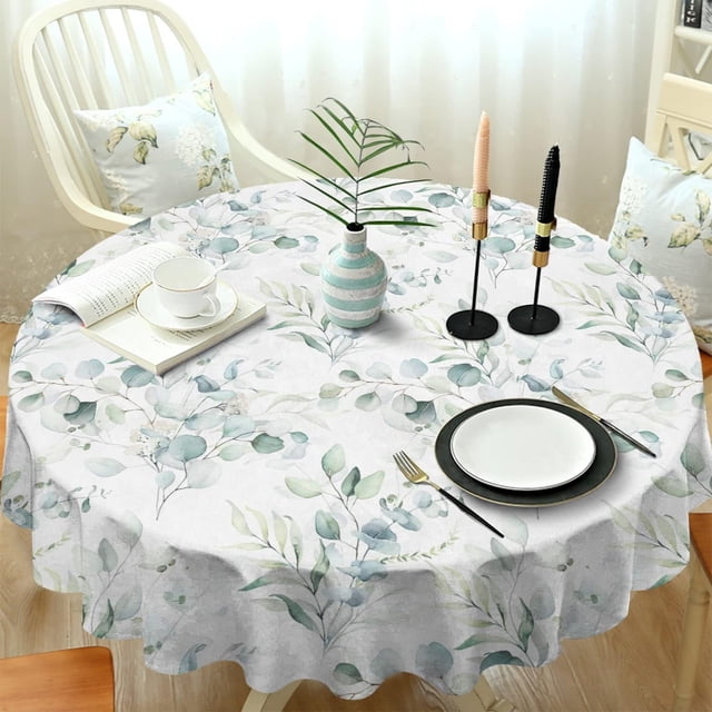 Polyester Round 60 x 60 Inch Washable Reusable Waterproof Table Cloth - Watercolor Leaf Floral Print Table Cover for Spring/Summer Decoration