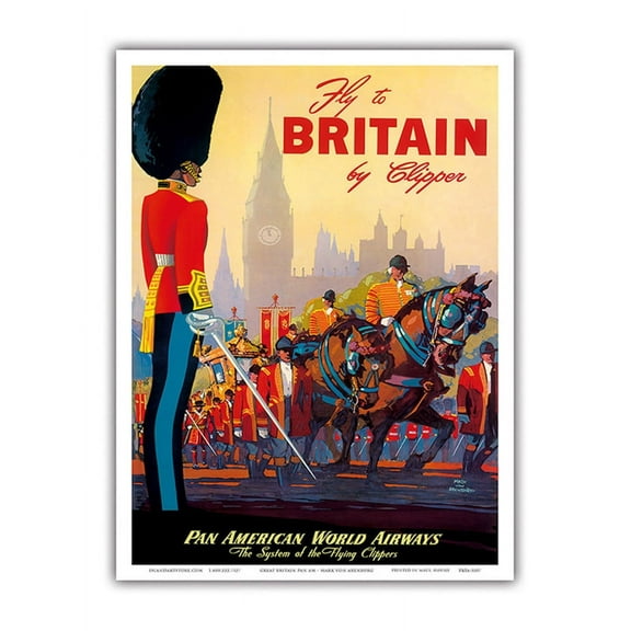 Fly To Britain By Clipper - Pan American World Airways - British Royal Procession - Vintage Airline Travel Poster by Mark Von Arenburg c.1950s - Master Art Print (Unframed) 9in x 12in