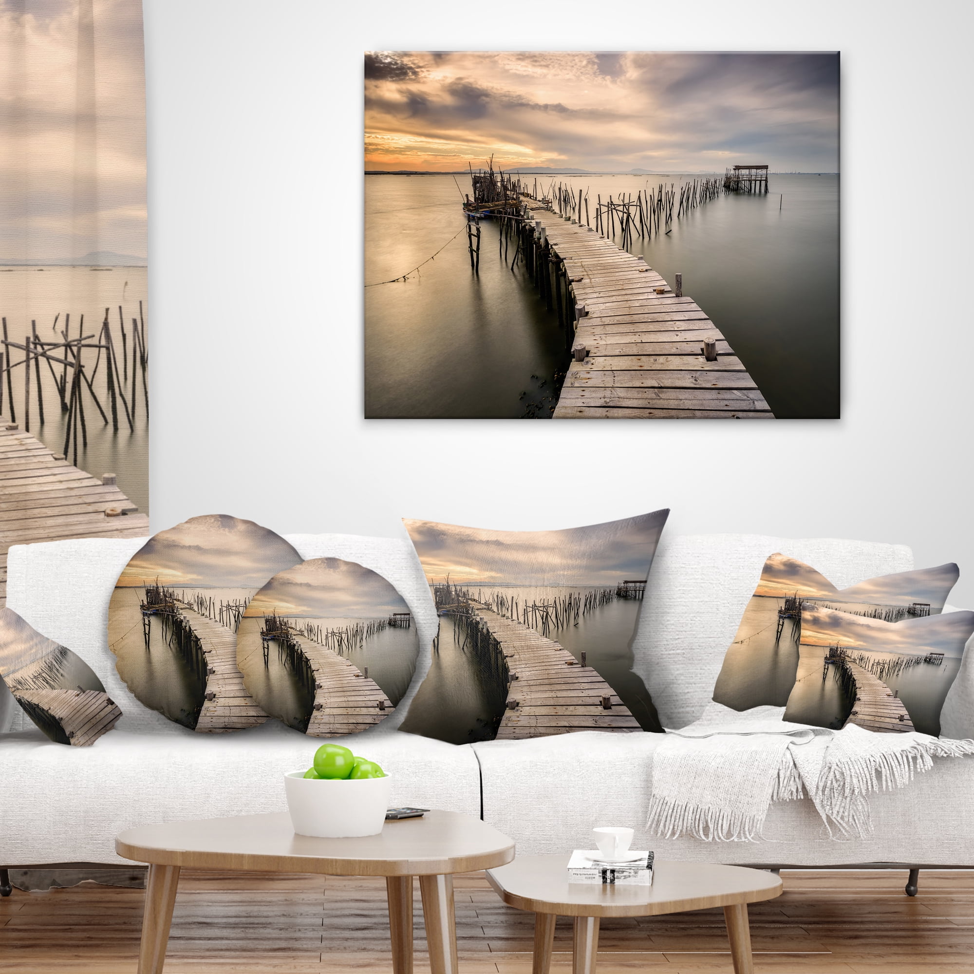 Designart Carrasqueira Old Wooden Pier - Seashore Photo Throw Pillow - 12x20