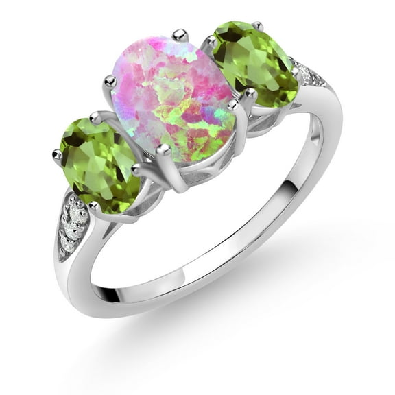 Gem Stone King 10K White Gold Pink Simulated Opal Green Peridot and White Lab Grown Diamond 3 Stone Engagement Ring for Women (2.09 Cttw, Gemstone Birthstone, Size 7)