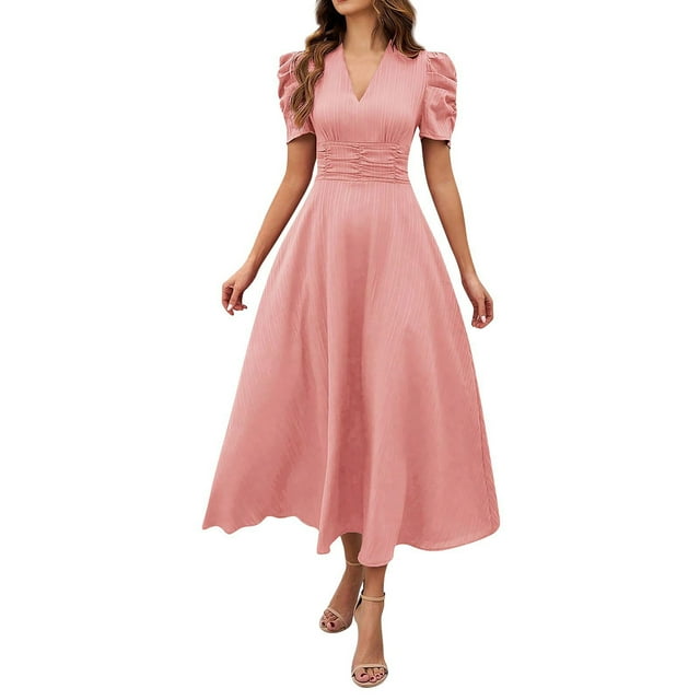 Mgmyaa Robe d'Été pour Femmes Couleur Unie Tempérament Taille Haute Manches Courtes Bouffantes Col en V Robe Trapèze Longue