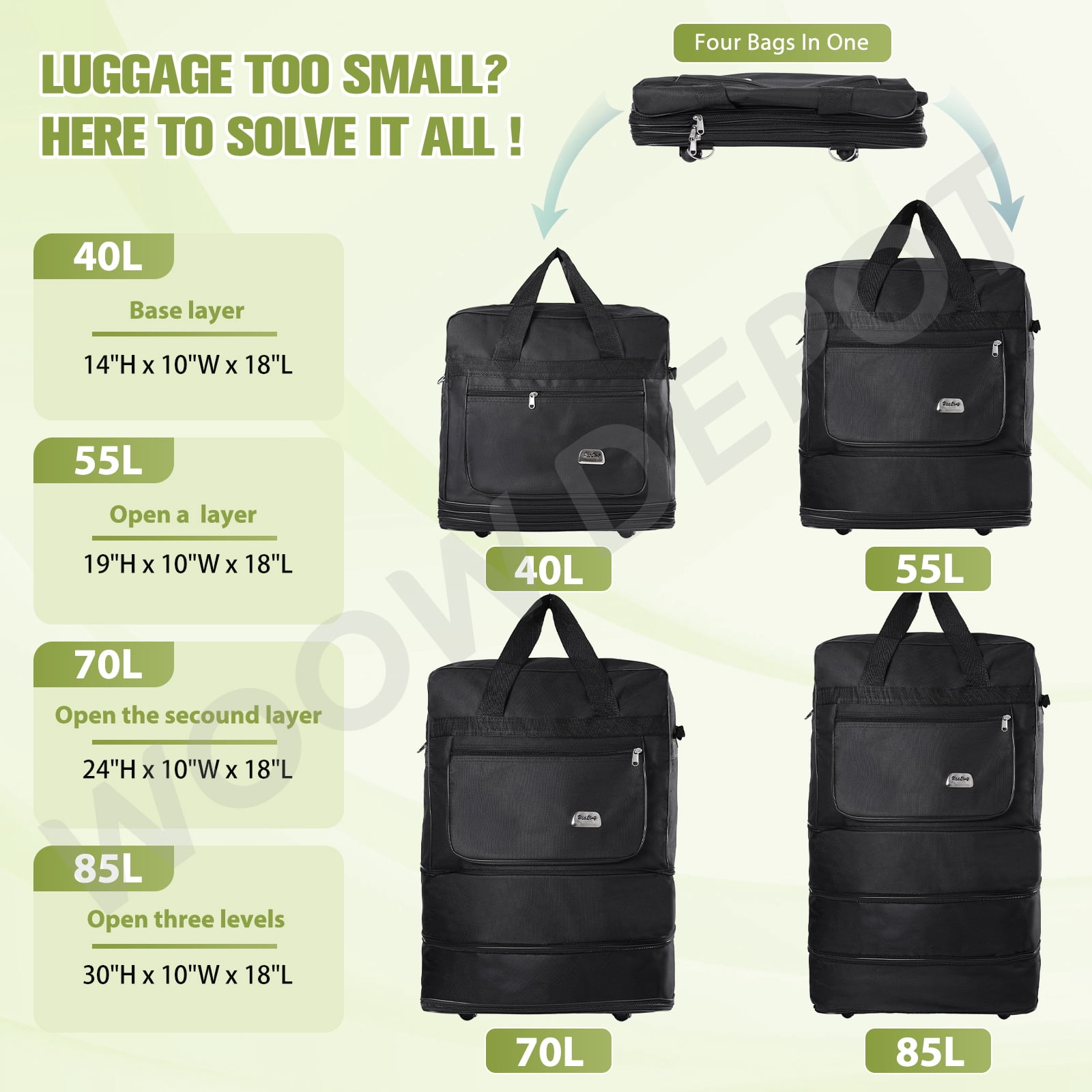 WOOW DEPOT 30in Expandable Suitcase Bag 3 Layer Foldable Rolling Wheeled Luggage Handbag Large for Home Storage Travel Business Moving