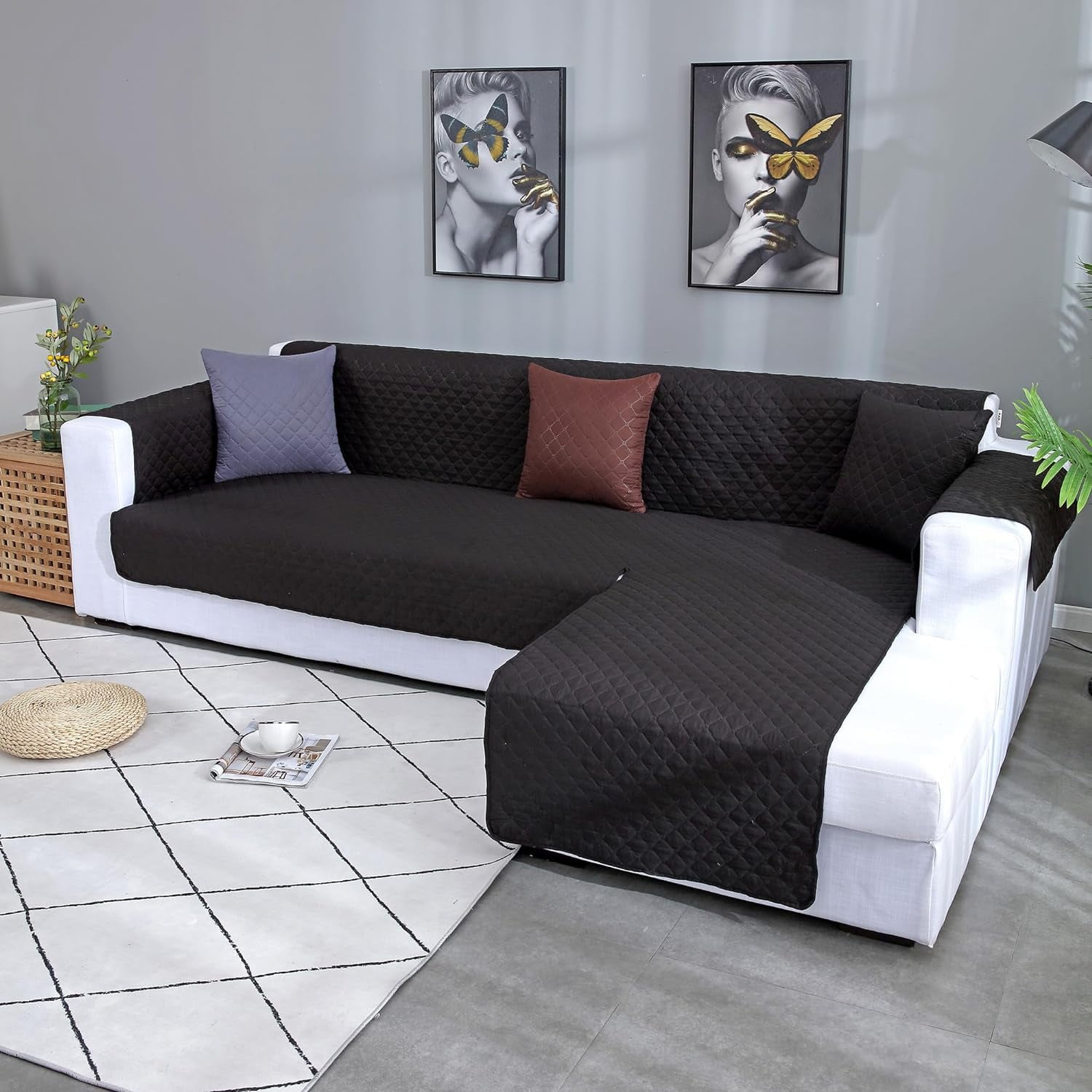 L Shape Sofa Slipcover Reversible Sectional Couch Cover Chaise Lounge Cover Furniture Protector Cover,Medium Size,Black