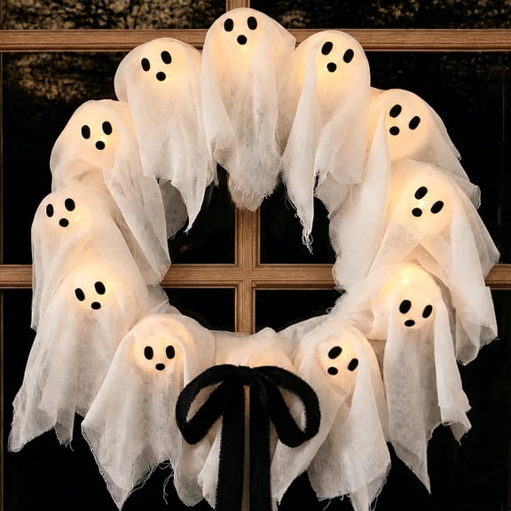 Halloween Decorations Outdoor Cute Ghost Wreath, Halloween Decor Indoor, For Front Door Porch Window Wall