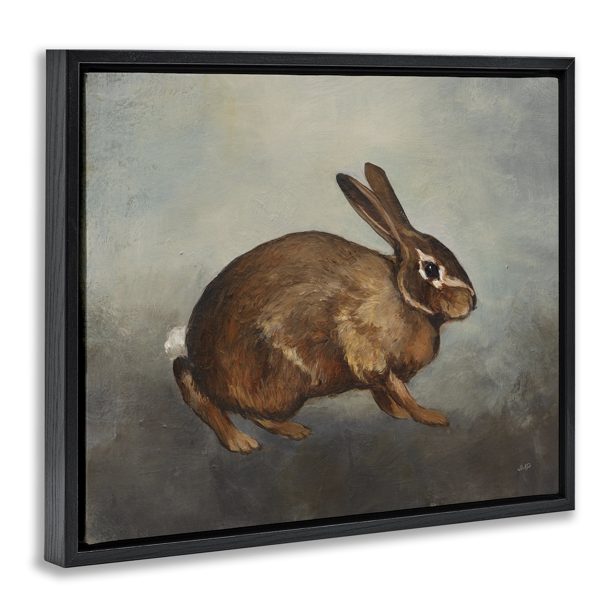 Stupell Industries Brown Rabbit on Grey Animals & Insects Painting Black Floater Framed Canvas Art Print Wall Art, 31 x 25