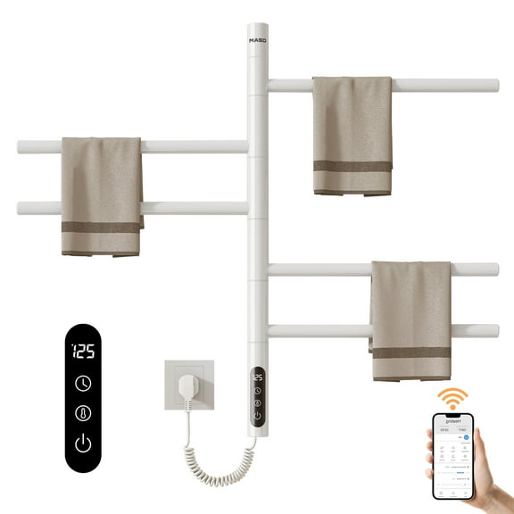 MASO Smart Rotating Heated Towel Rack for Bathroom, 90W Electric Towel Warmer with Swivel Bars, 1-24H Timer, 115℉-155℉, Wi-Fi App Control, Low Carbon Steel, IPX5, Plug-in/Hardwired, White