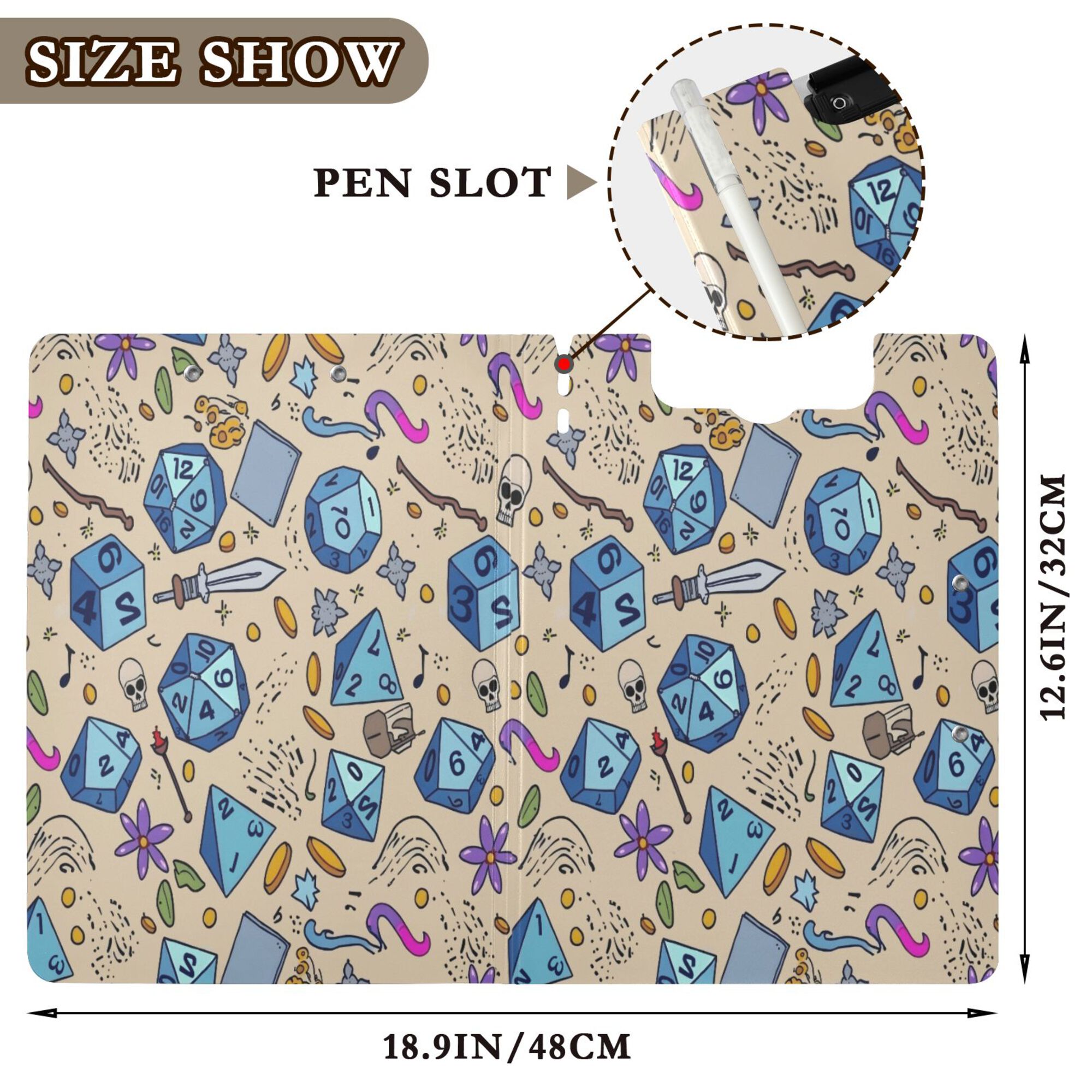 FORMRS A4 Clipboard Folder with Pen Holder Horizontal Foldable School Office Binder, Blue Dice Pattern