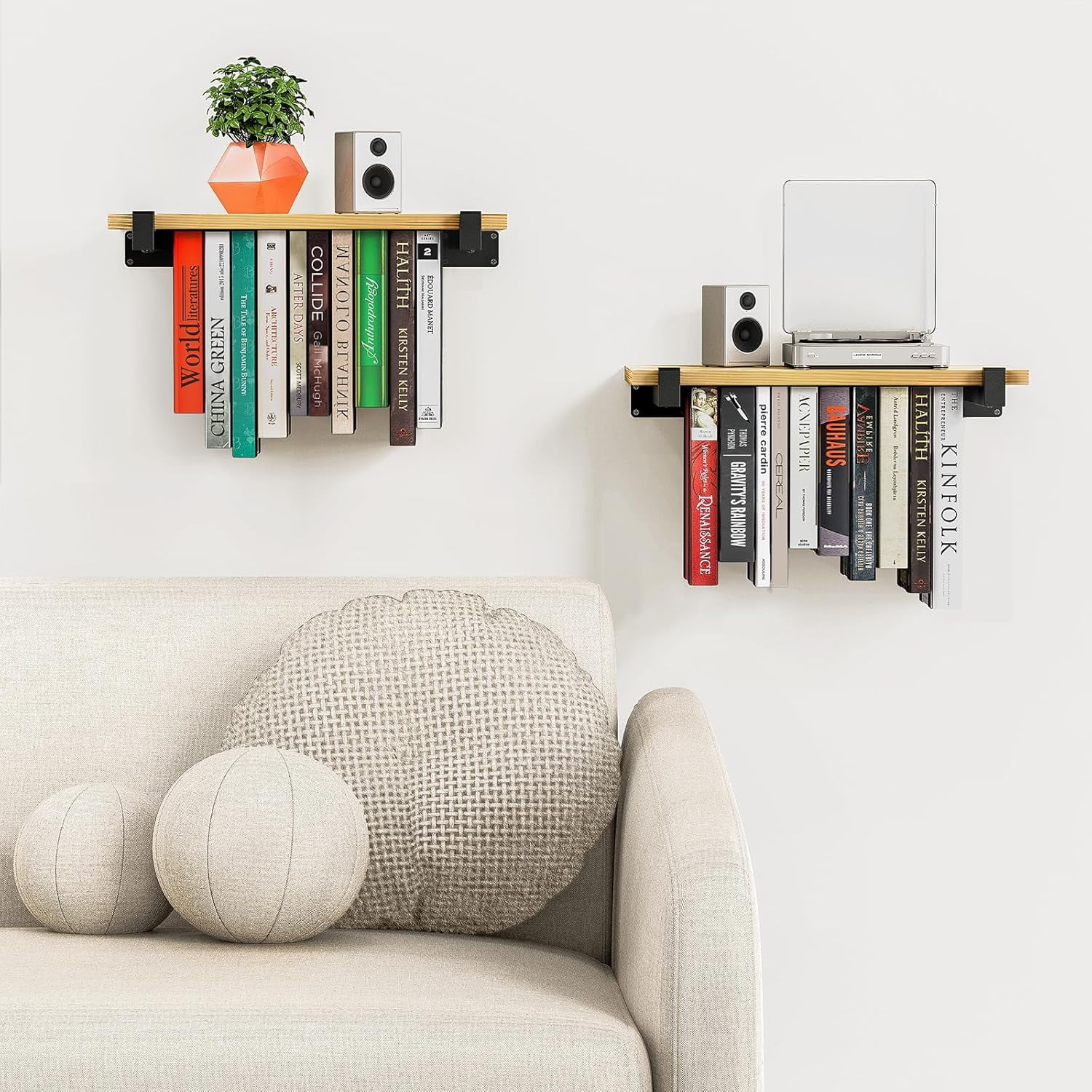 2 Set of Floating Bookshelf with Super Load-Bear Shelf Brackets, Paulownia Wood Invisible Bookshelf, Hanging Bookshelves for Wall, Unique Space Saving Wall Bookcase