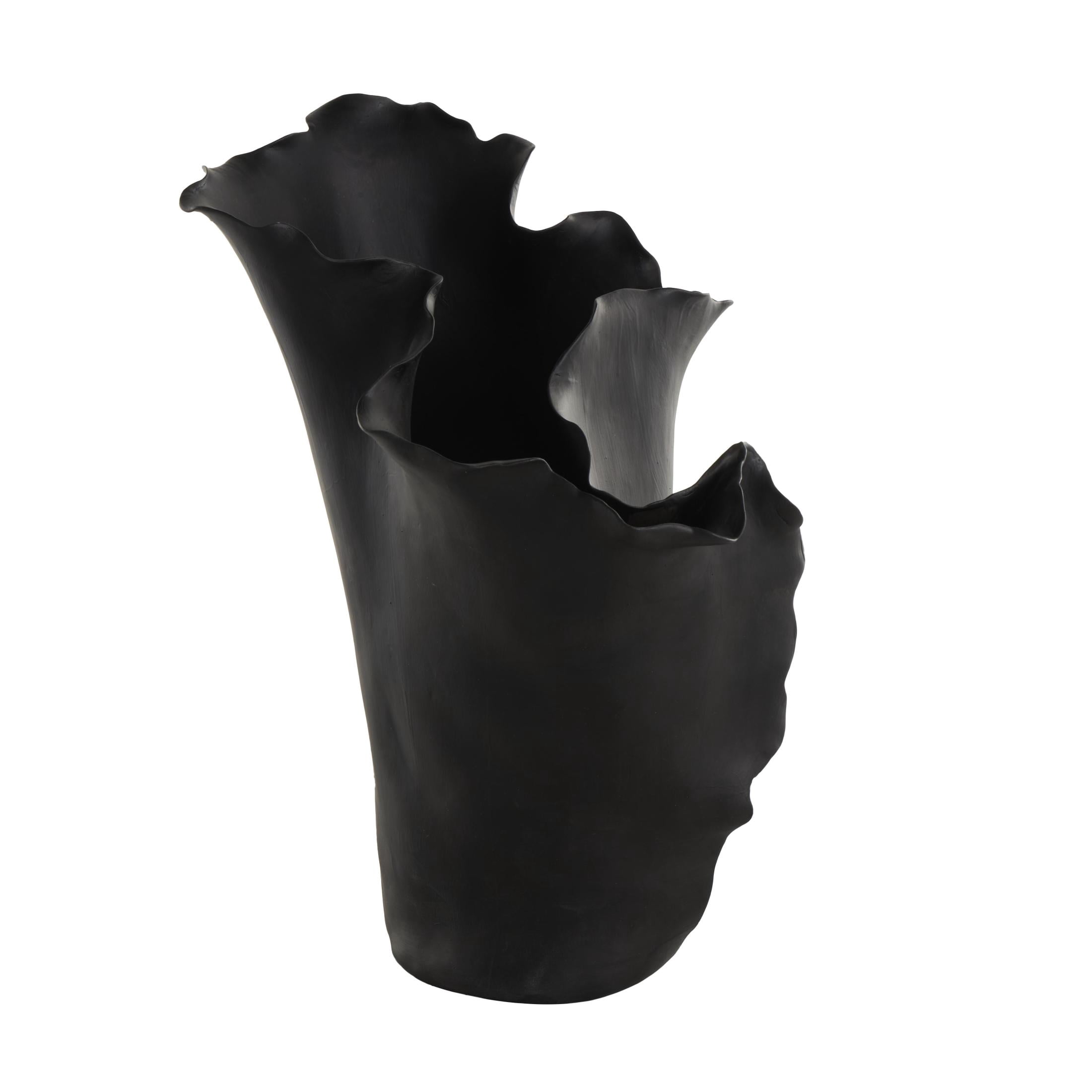 DecMode 16" Abstract Floral Inspired Black Ceramic Vase with Wavy Folded Rim