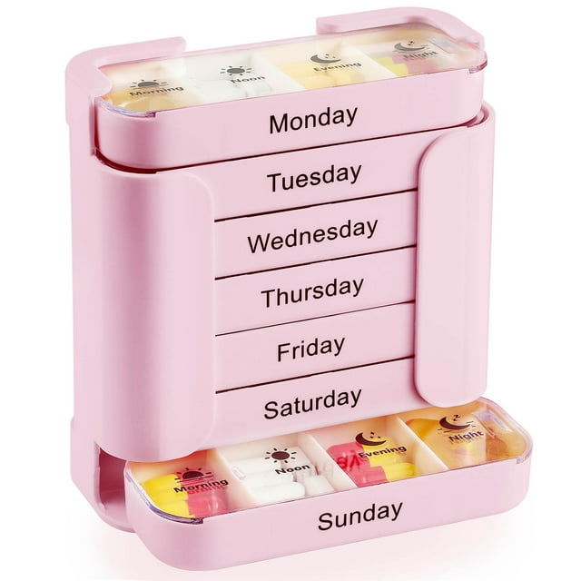 Weekly Pill Organizer, 28 Compartment Storage Box, Food Grade Plastic, Daily Medication Dispenser, Portable Travel Case, Secure Drawer Design, Home Pharmacy Organization