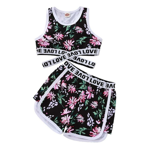 Boys Girls Two Piece Outfits Causal Kids Girls Clothes Sets Letter Floral Sleeveless Bandage Vest Tops Shorts Summer Outfits for Girls Boys