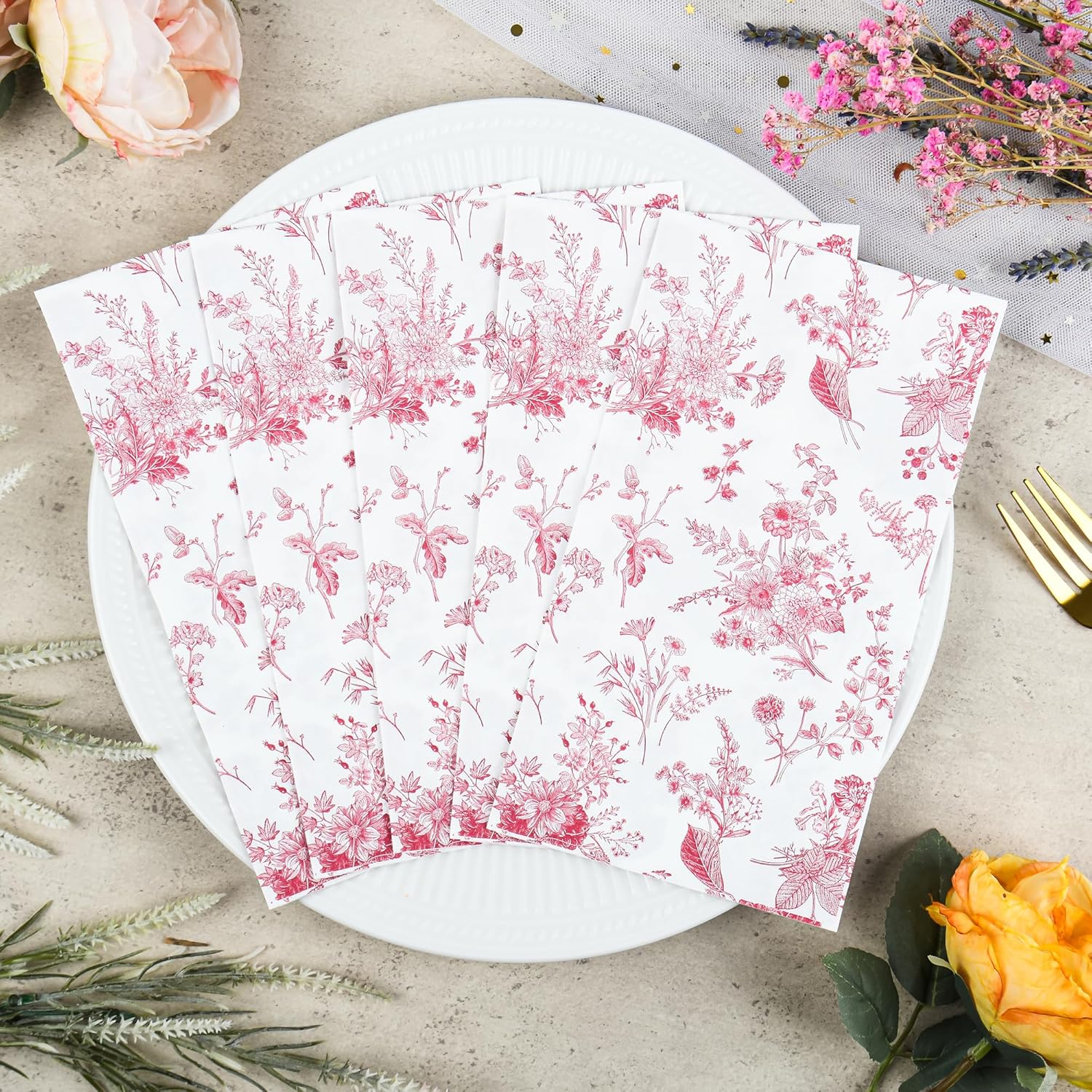 100 Floral Guest Napkins Red White Toile Disposable Paper Napkins Flower Bathroom Hand Towels for Tea Party Christmas Bridal Baby Shower Party Supplies (Red)