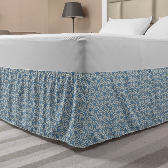 Geometric Bed Skirt, Abstract Modern Art Inspired Swirls Curves Floral Pattern Pale Toned Image, Elastic Bedskirt Dust Ruffle Wrap Around for Bedding Decor, 4 Sizes, Slate Blue Tan, by Ambesonne