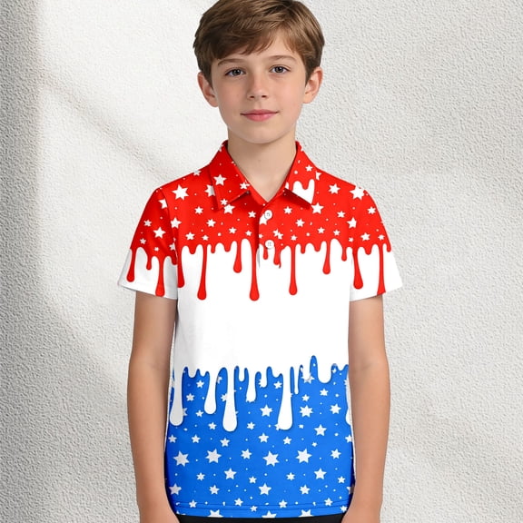 Wuxian Children Girls Independence Day Shirts Star Striped Patriotic Graphic T Shirt Short Sleeve Tee Casual Polo Collar Button Comfortable Top Summer Fourth Of July Blouse,White,3-4 Years