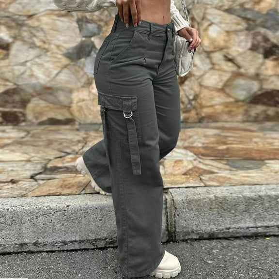 qolati Cargo Pants for Women Baggy Multiple Pockets Stretchy Wide Leg Joggers Pants Casual High Waisted Y2k Streetwear Lounge Trousers