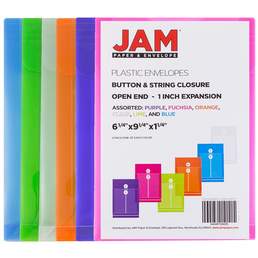 JAM Paper Button String Plastic Envelopes, Multicolor Pack, 6 1/4 x 9 1/4, 6 per Pack