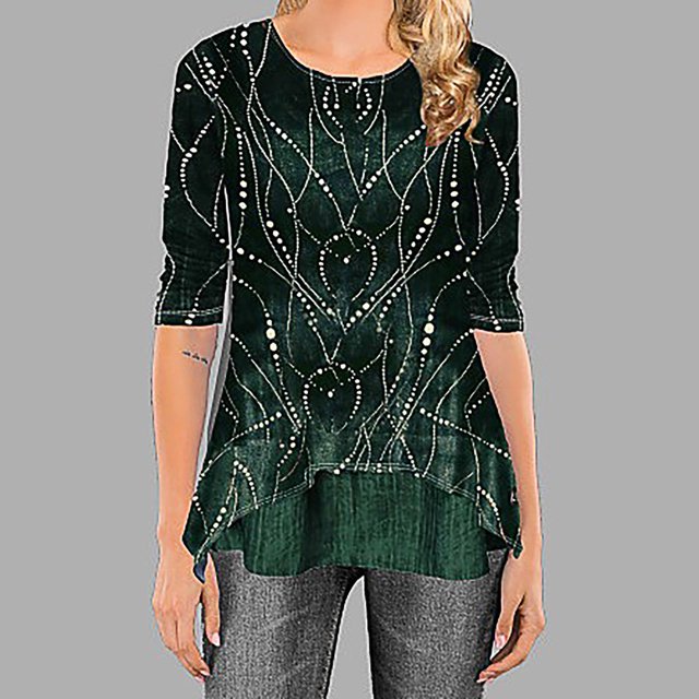 Mode Femmes Col Rond Manches Mi-Longues Imprimé Tops Grande Taille Blouse Facile