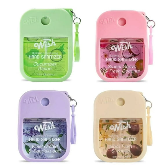 Wish Hand Sanitizer Spary Travel Size Spray 4-Piece 1.2 FL OZ (35ML) Each, Black Plum vanilla, Violet orchid sandalwood, Sweet Guava Fresh Coconut, Cucumber Melon, Hydrating and Moisturizing (4 pack)