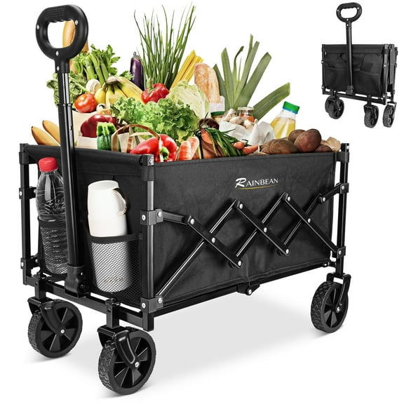Collapsible Wagon Cart Foldable Heavy Duty Folding Wagon Large Capacity Shopping Cart Utility for Camping Garden Beach Sports Fishing, Black (100L)