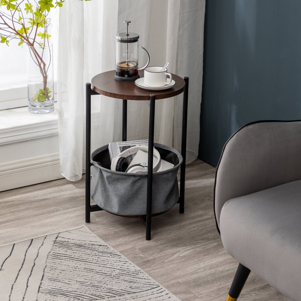 Private Jungle Double-layer Round Tea Table with Detachable Tray Top and Fabric Storage Basket, Gray Private Jungle Double-layer Round Tea Table with Detachable Tray Top and Fabric Storage Basket, Gray