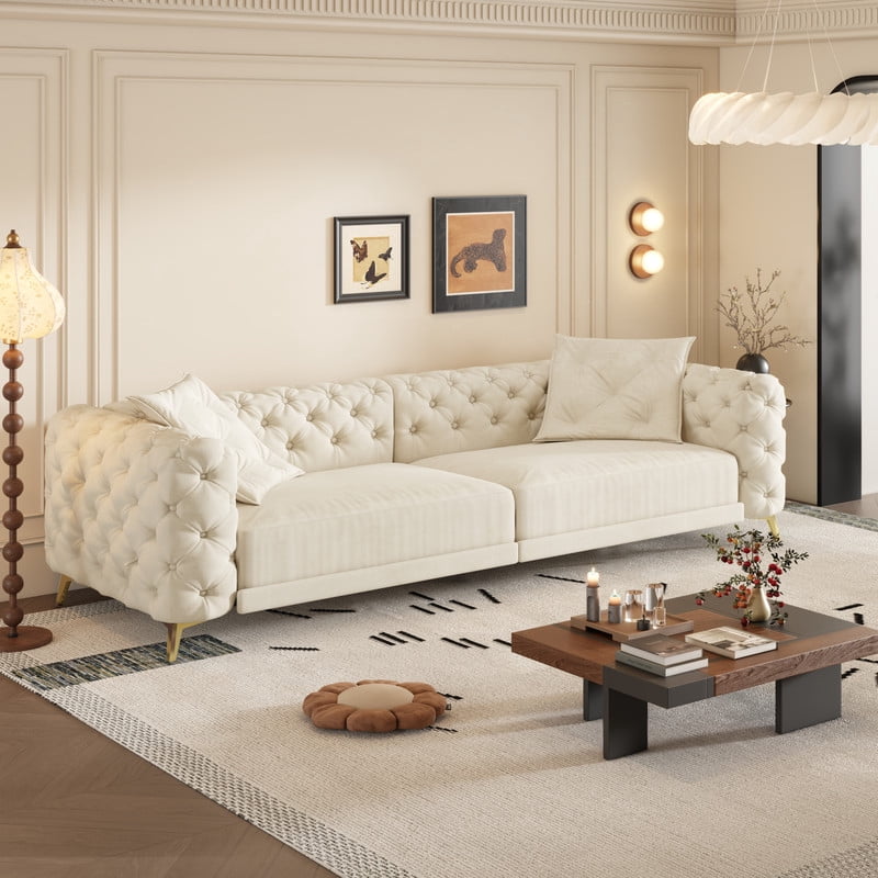 3-in-1 Convertible Sleeper Sofa Bed, 97.7'' 4-Seater Velvet Couch with Pull Out Bed & Movable Ottoman, Deep Seat Tufted Futon for Living Room, Apartment & Office