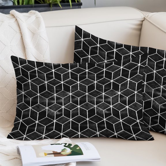 Black Geometric Queen Size Pillow Cover, Pillowcase Protectors with Zipper, Breathable Decorative Throw Pillow Case Cover, Checkered Modern Abstract Art Pillow Shams for Couch Sofa 20x30Inch