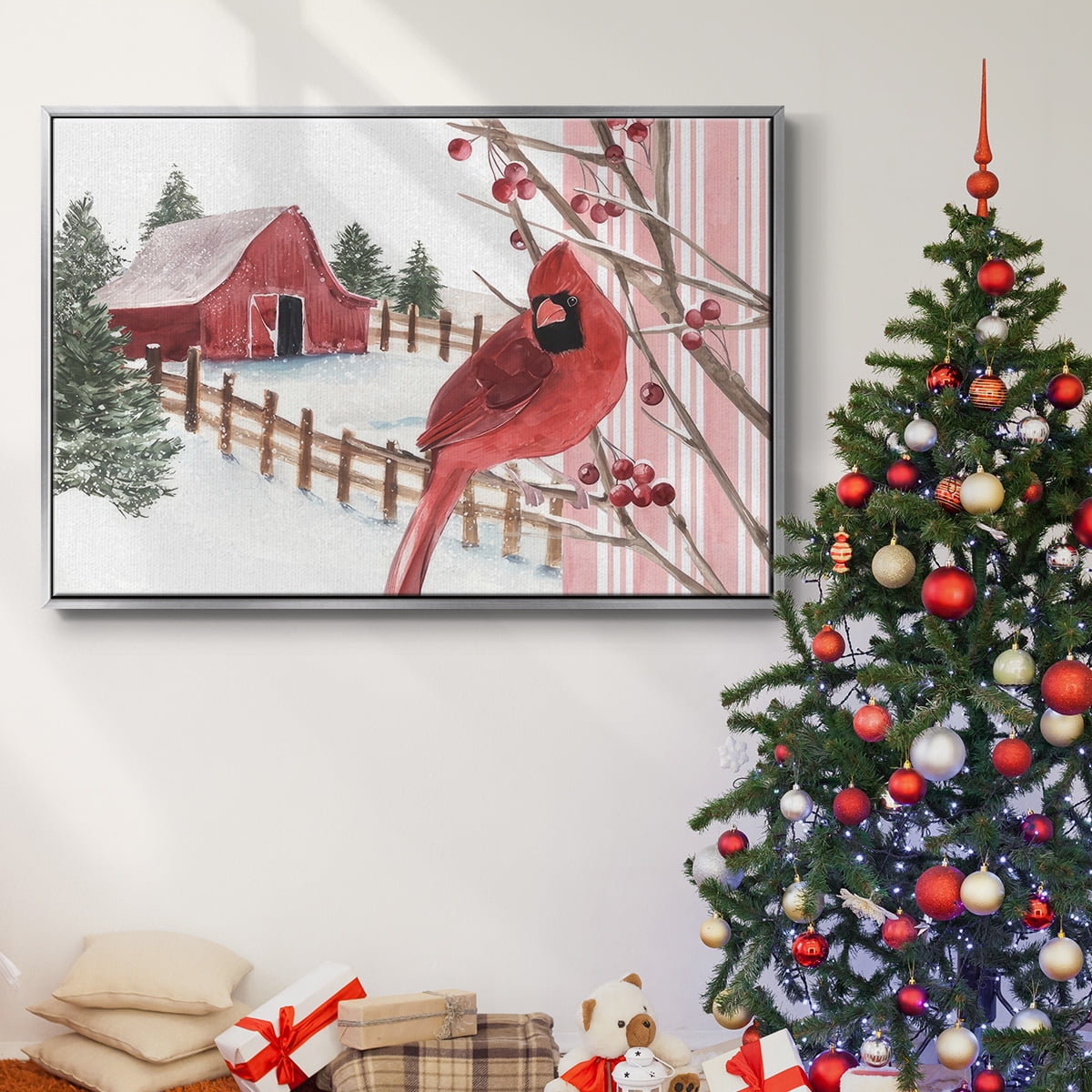 Winter Cardinal Collection A - Framed Gallery Wrapped Holiday Canvas - 25 x 37 - Silver Frame