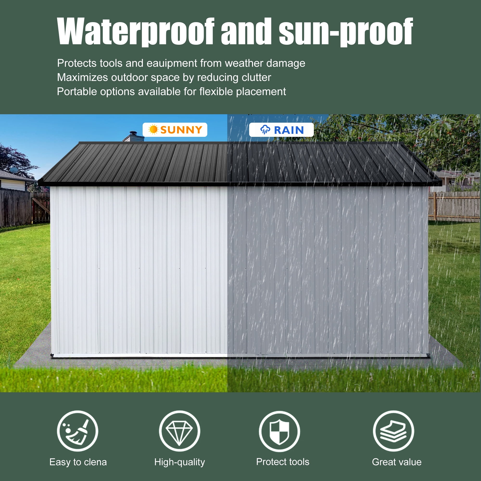 Aukfa 10 x 12FT Outdoor Storage Shed with Lockable Door, Metal Garden Tool Shed with Window & Sloped Roof for Backyard, Patio and Backyard, White/Black