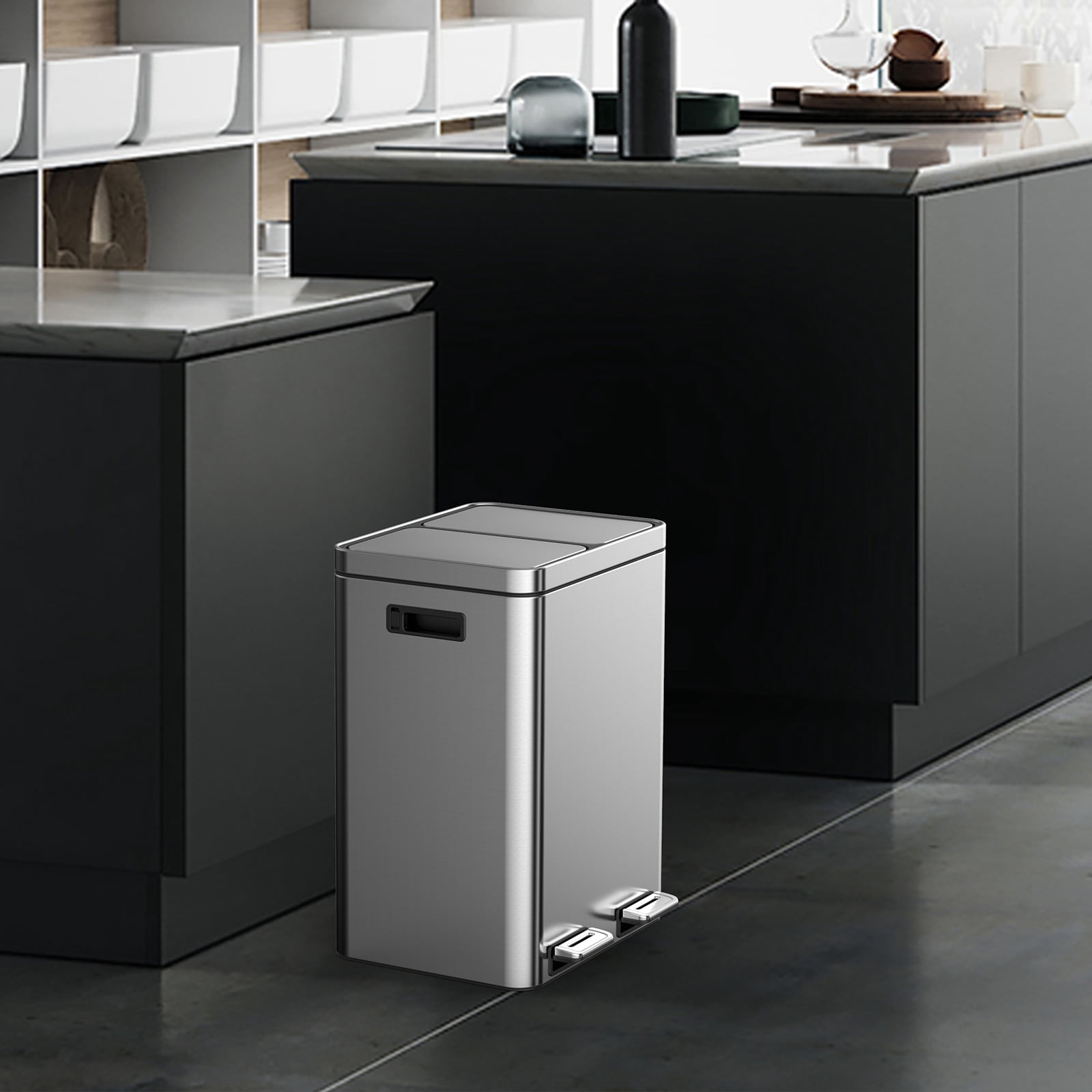 Dual Compartment Trash Can, Stainless Steel Kitchen Step Trash Can with Lids, Foot Pedals, Garbage and Recycle Bin Combo with Removable Buckets for Home Office