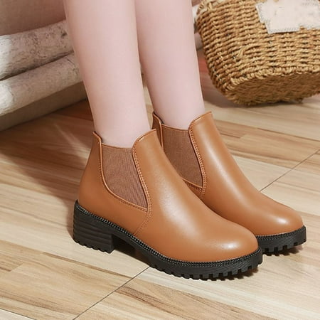 Leesechin Leather Women Boots Low Heels Winter Ankle Boots For Women Shoes Brown on Clearance
