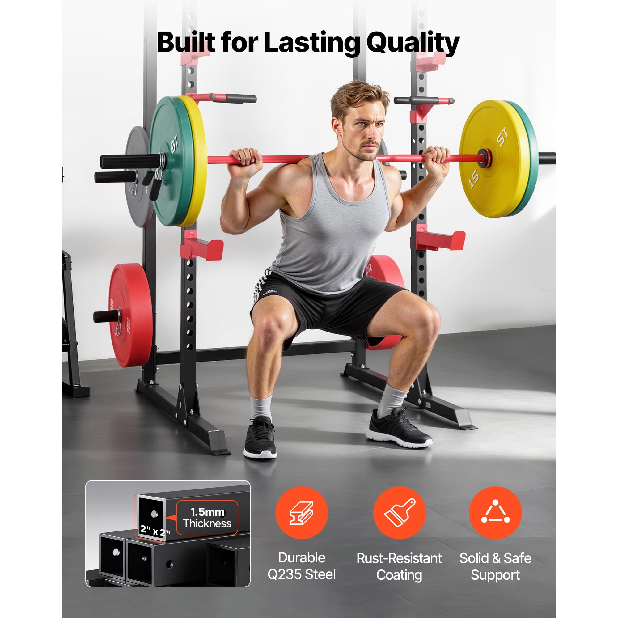 KFFKFF Multifunctional Power Cage Power Rack with Adjustable Height Exercise – 83.46 in, 100.53 lbs, Red