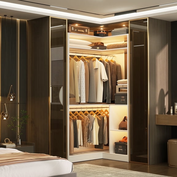 Homieasy Corner Closet System with Shelves, 34’’ Closet Organizer System with Hanging Rods, Wood Walk-in Closets for Corner Small Space,Freestanding Corner Tower, L Shaped Garment Rack, White