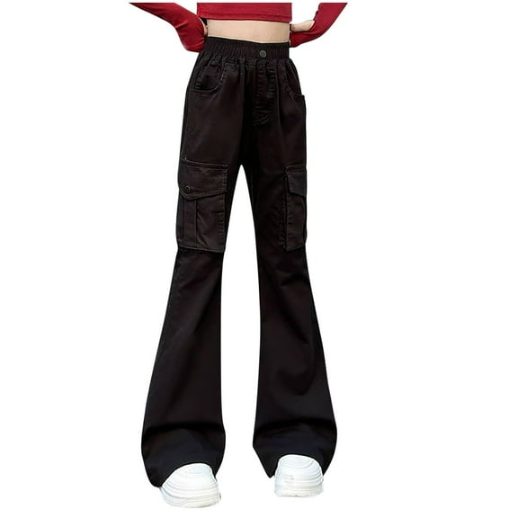 AINIYS Girls' Flared Work Pants High Waisted Long Pants Big Pockets Stylish Comfy Suitable for Daily Wear Fashionable Kids Clothing Black 5 Years
