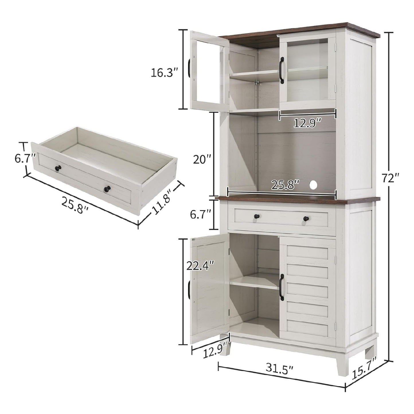 72" Pantry Cabinet with Storage Drawers, Tall Kitchen Pantry Storage Cabinet with 2 Glass Doors, Farmhouse Kitchen Hutch for Living Room, Dining Room