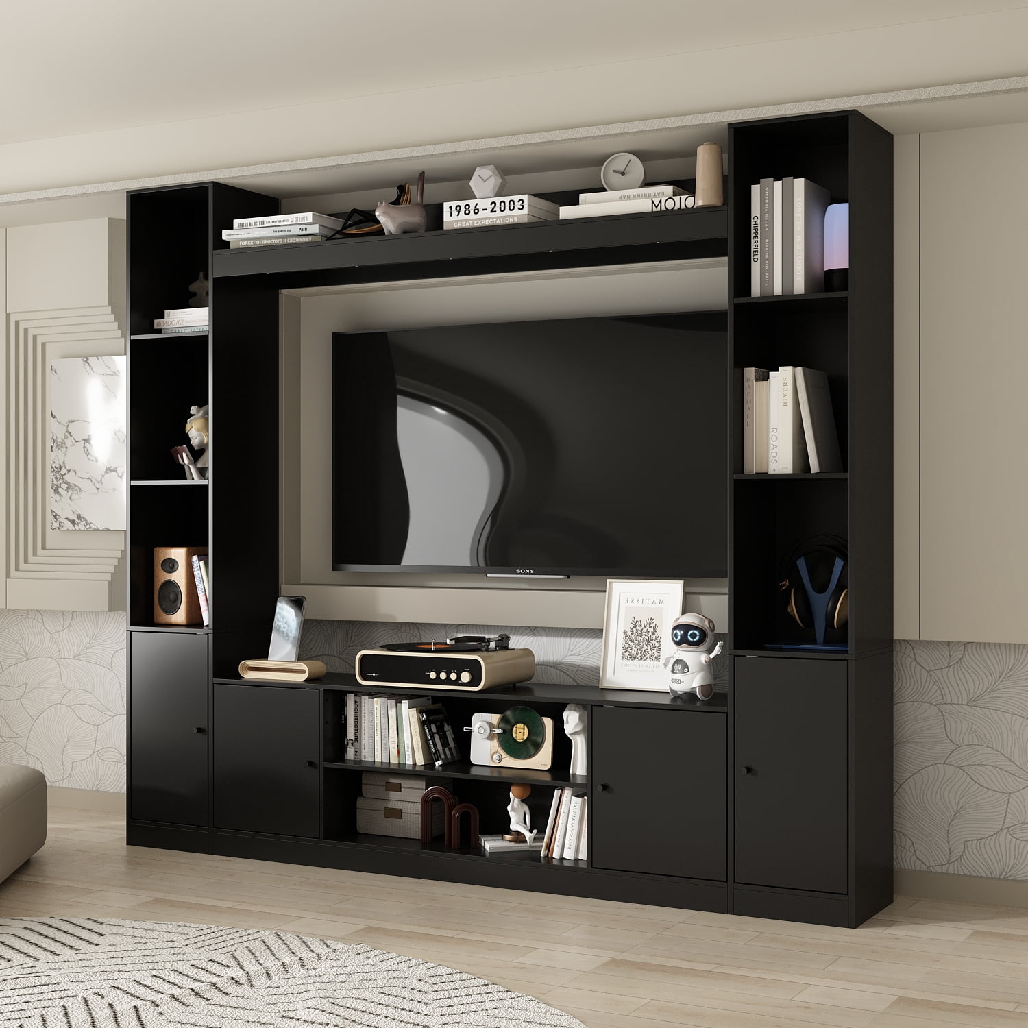 KULAGAGA Entertainment Center with Bookshelves Modern Media Center with Open Shelves & Bridge TV Wall Unit with Doors, for Living Room Black