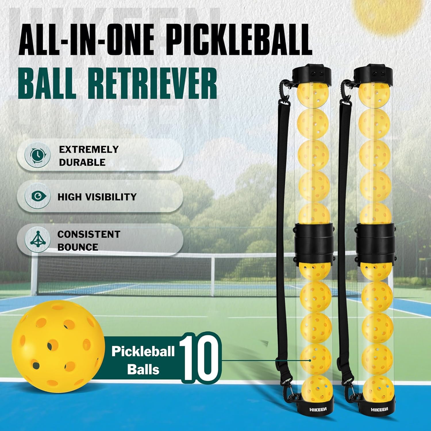 Adoreal Durable Pickleball Ball Retriever with 10 Pickleballs,Quick Pickup & Storage Pickleball Tube with Shoulder Strap for Pickleball Accessories - Includes 10 balls