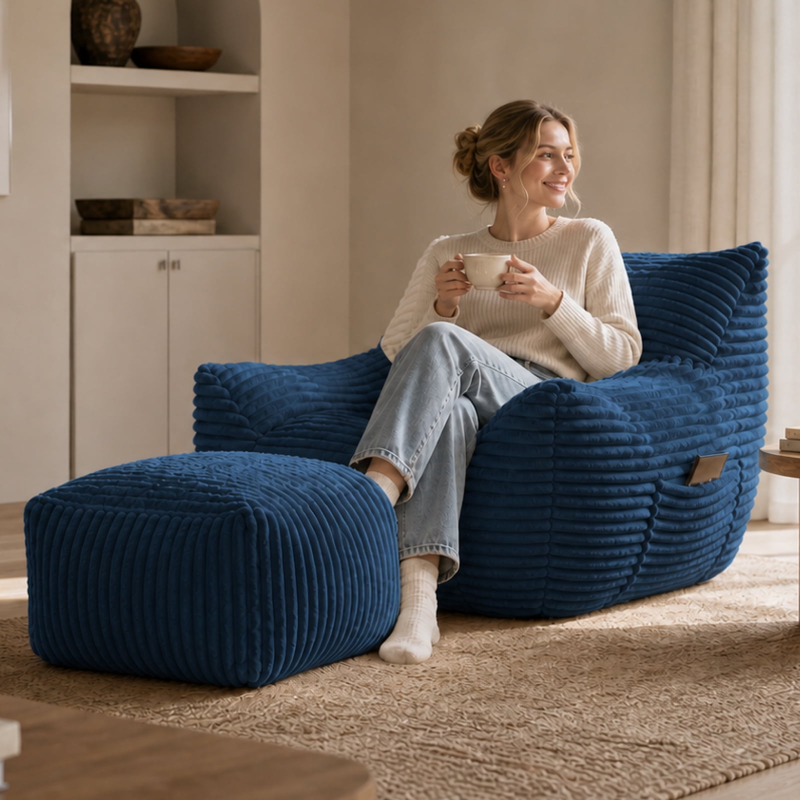 41.7" Oversized Bean Bag Chair with Ottoman, Living Room Lazy Sofa for Bedroom & Dorm