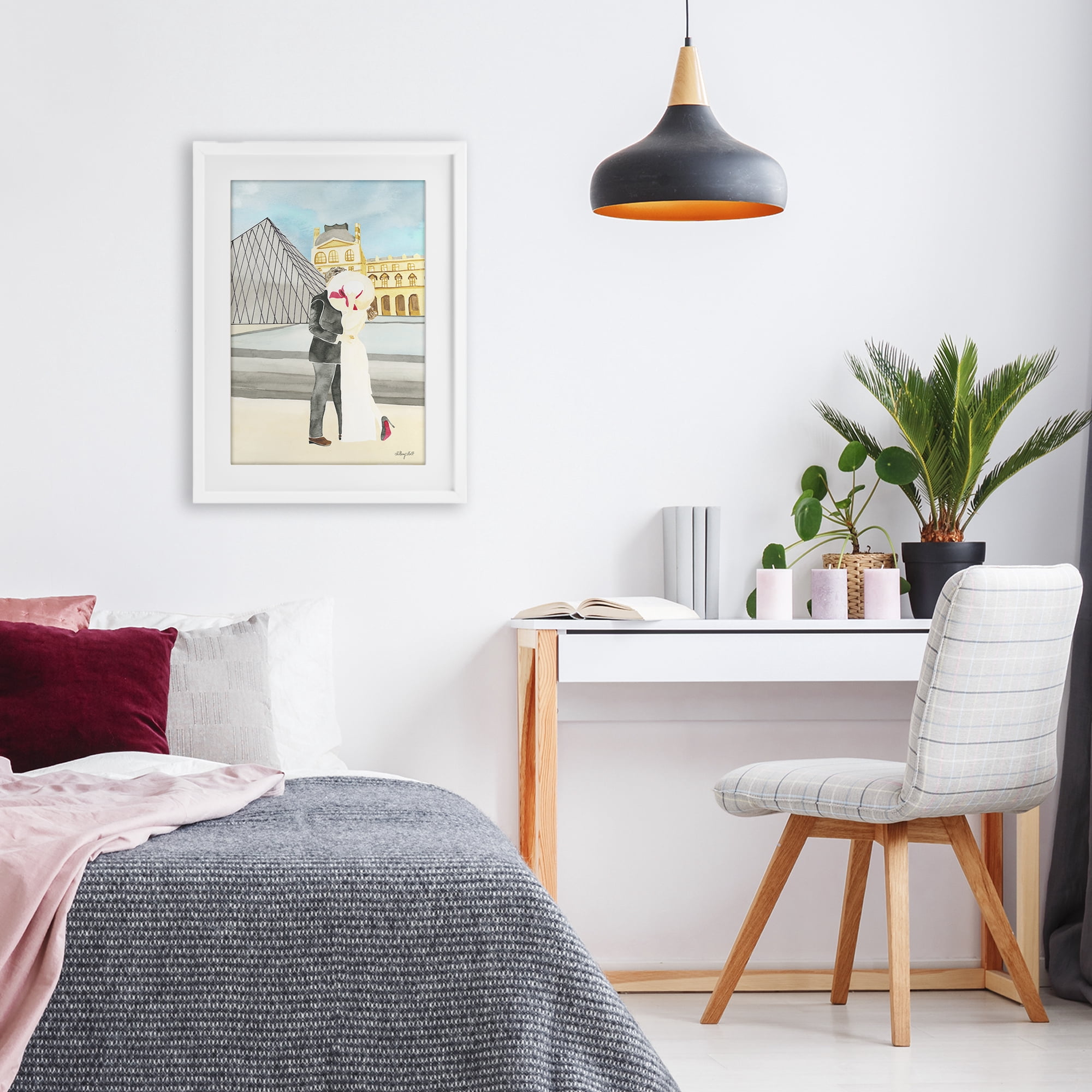 Stupell Industries Couple Embrace At The Louvre White Framed Print Under Glass, design by Hillary Holt