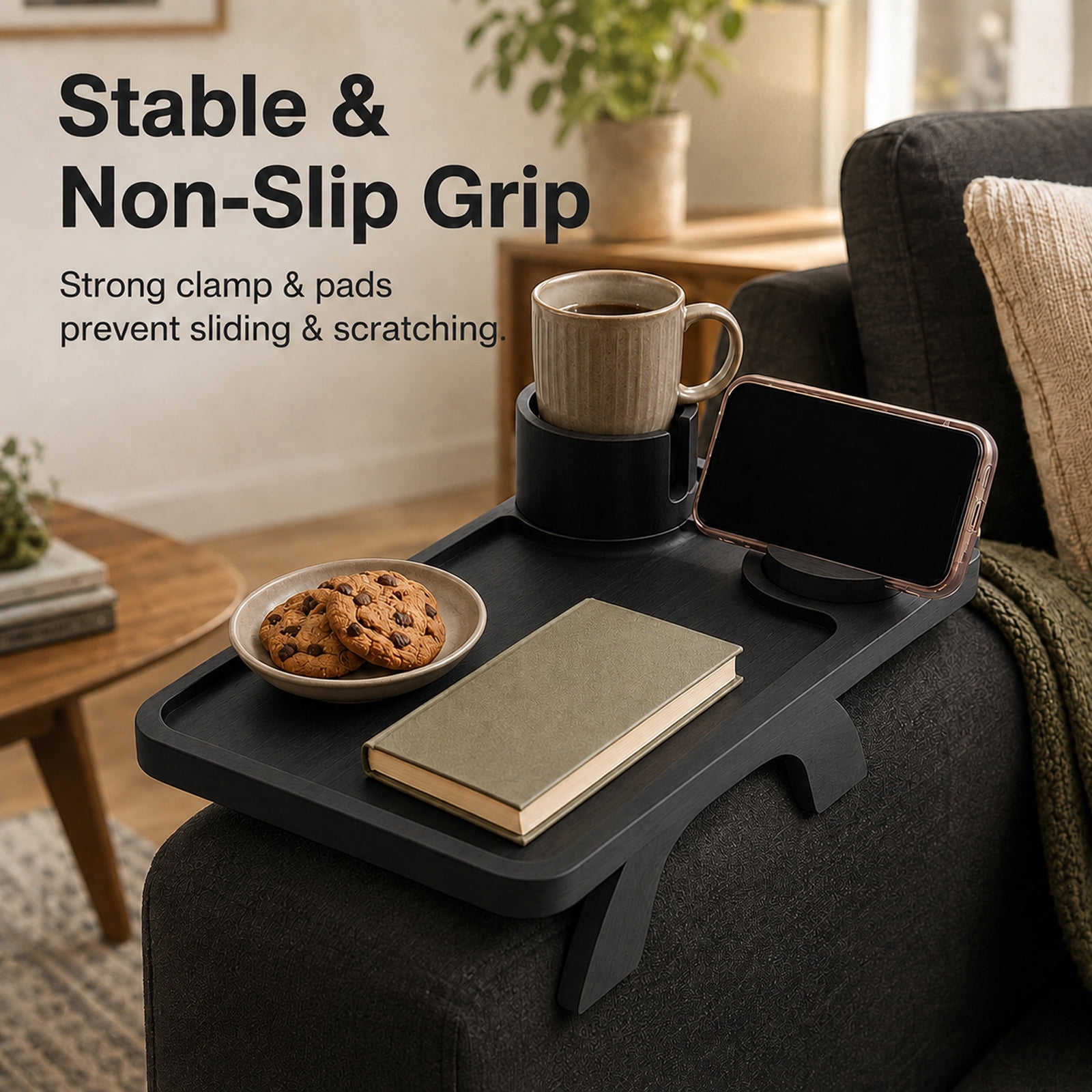 Alvantor 3-in-1 Acacia Wood Sofa Arm Tray with Rotating Phone Holder